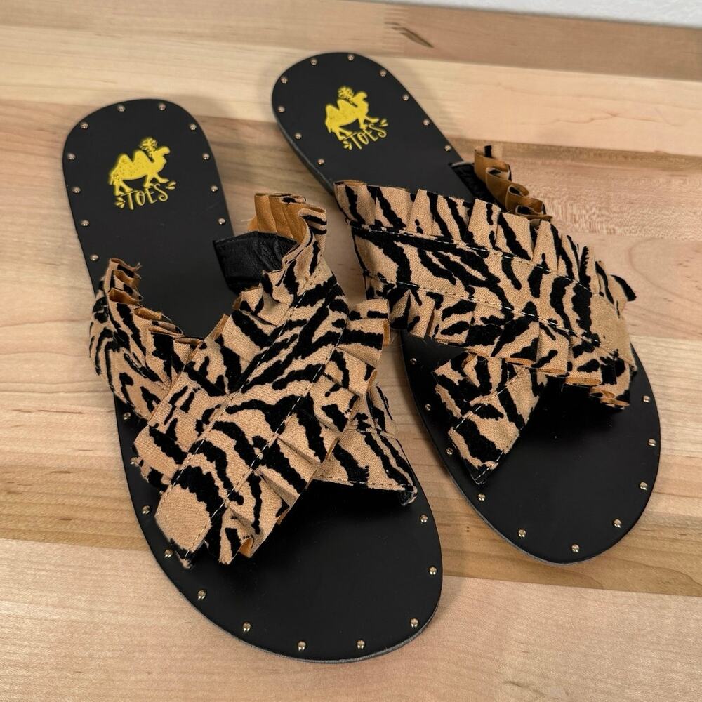 Camel Threads Zebra Print Ruffle Slide Sandals Size 11 Boho